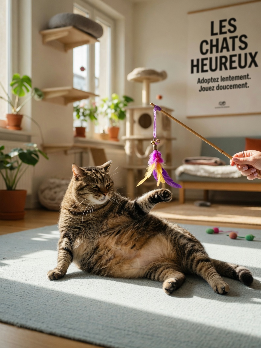 An overweight cat playing with an interactive toy to encourage exercise and improve colonic motility
