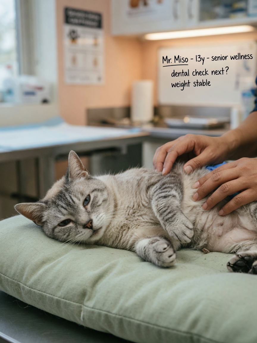 Un gatto anziano sottoposto a esame addominale da parte di un veterinario, che dimostra la valutazione diagnostica dell'insufficienza renale cronica.