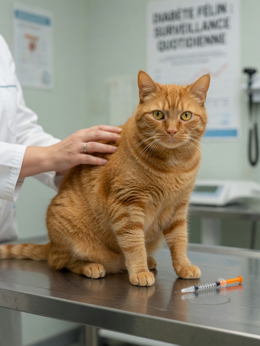 Un gatto rosso tigrato su un tavolo di esame con una siringa di insulina nelle vicinanze, che illustra la polidipsia diabetica e la sua gestione.