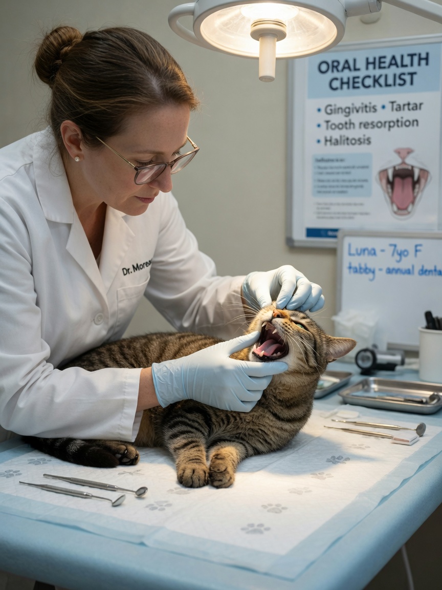 Veterinarian examining a cat's mouth and teeth during dental inspection