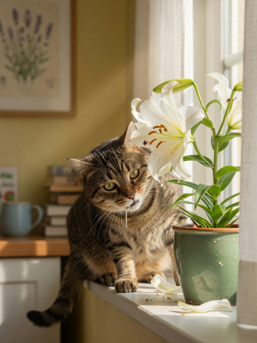 Cat investigating a toxic lily plant indoors, showing signs of oral irritation