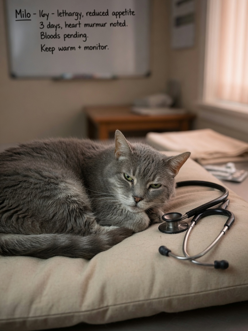 A senior cat lying on a cushion appearing unwell with a stethoscope nearby