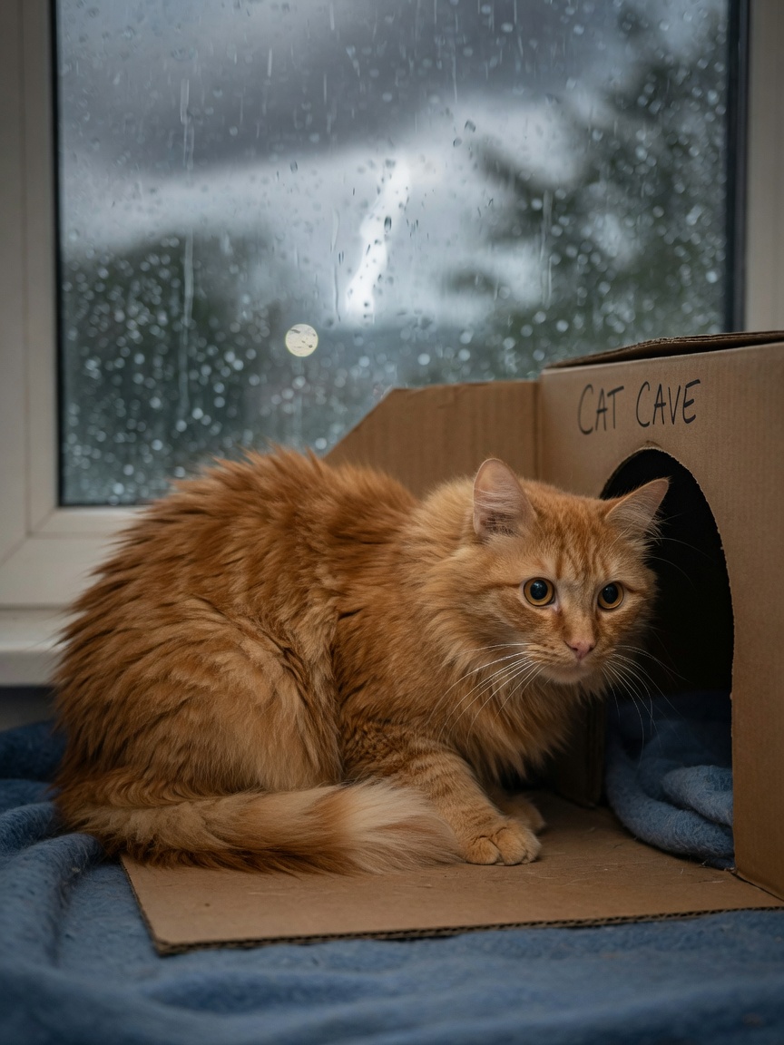 An orange tabby cat hiding inside a covered box during stormy weather