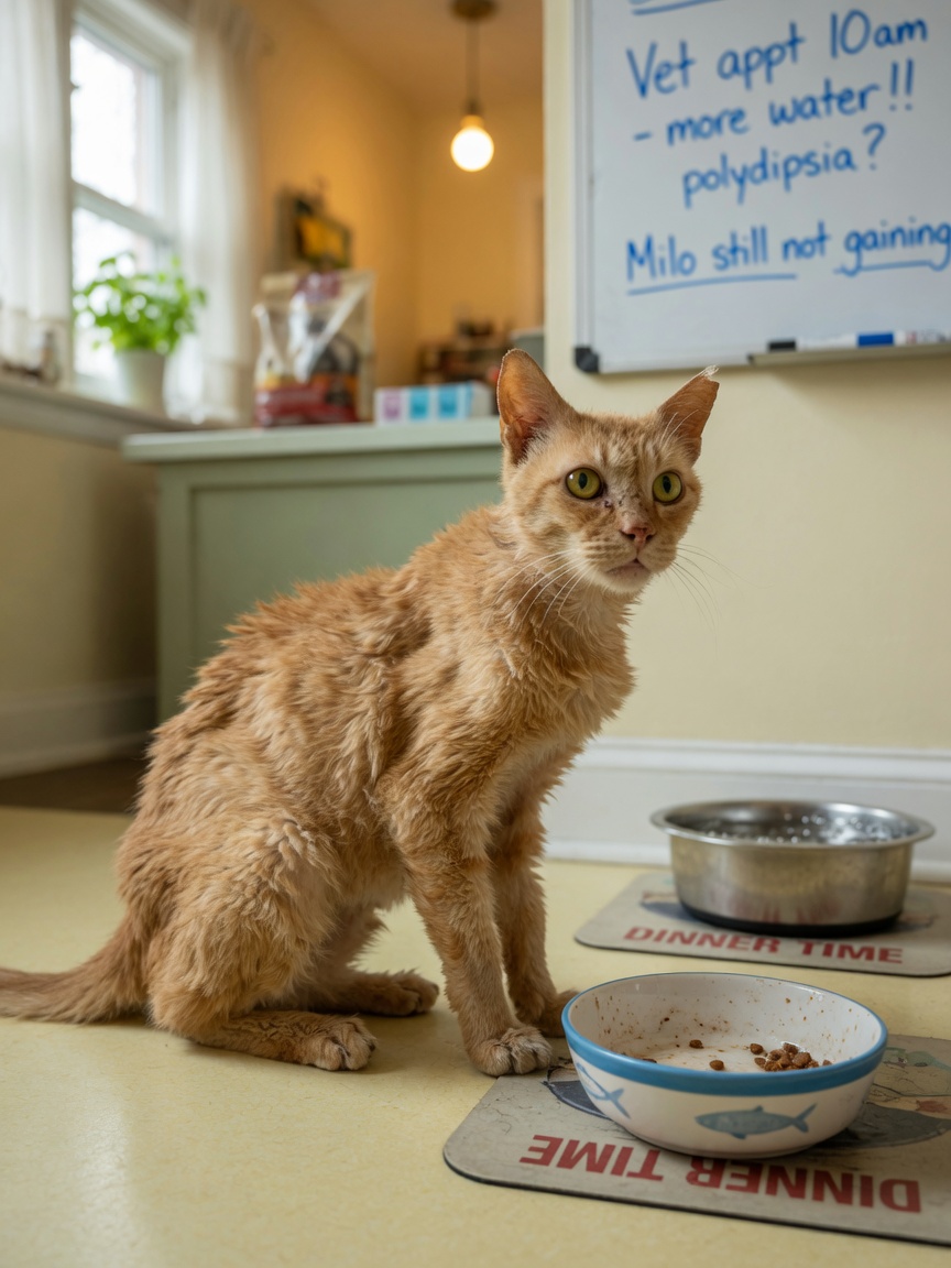 Thin senior cat with rough coat eating from food bowl, showing signs of hyperthyroidism despite good appetite