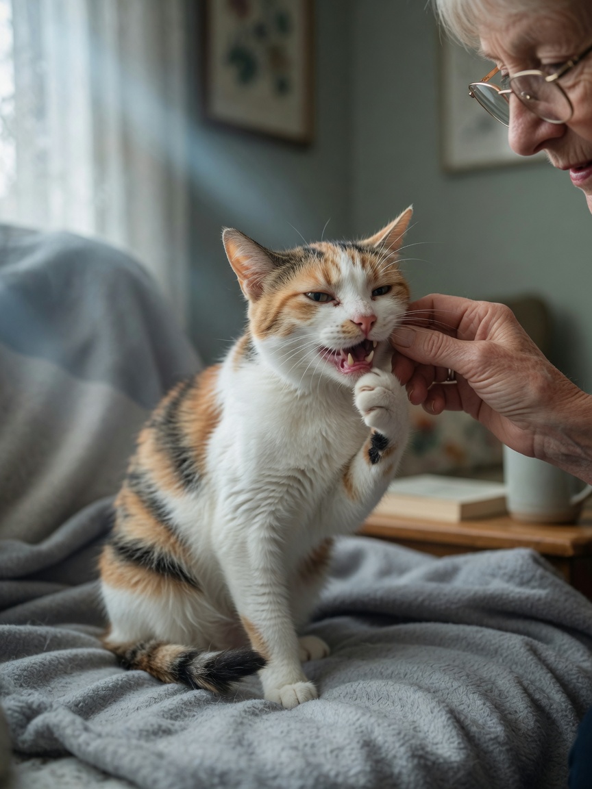 Senior cat with visible weight loss pawing at mouth, displaying signs of painful dental disease affecting appetite