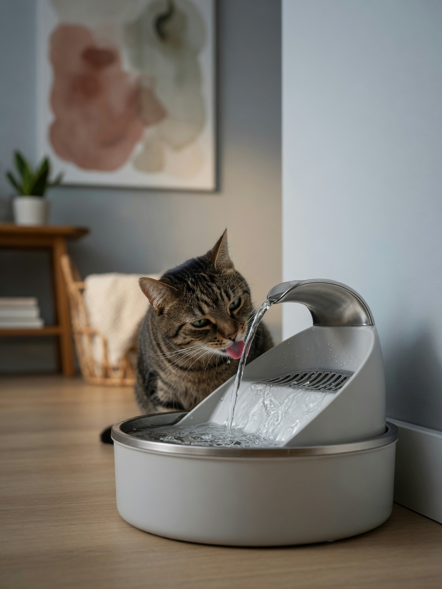 Tabby cat drinking from an active pet water fountain with cascading water