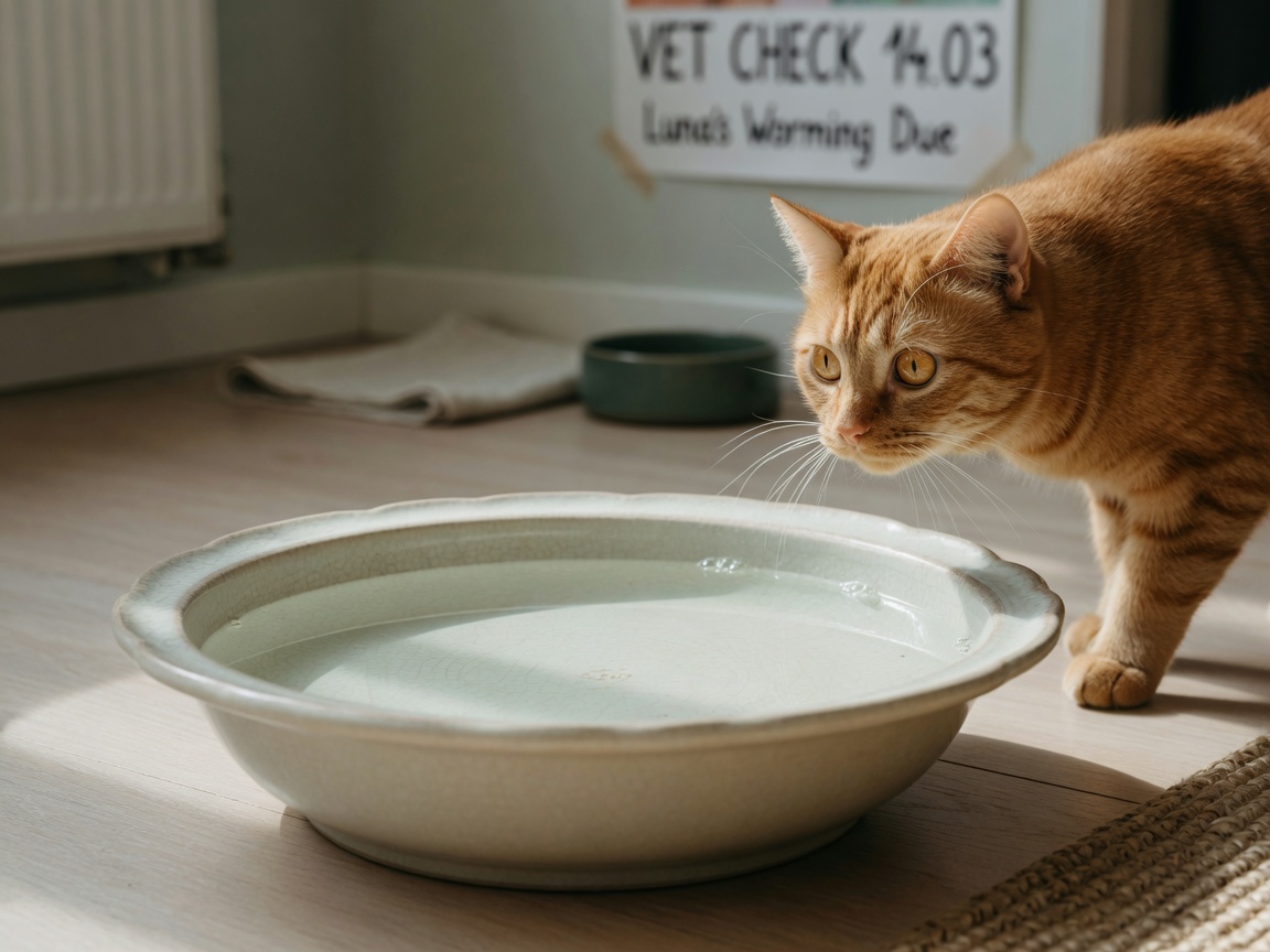 Ginger cat investigating a shallow ceramic water bowl in a quiet, separate location from food