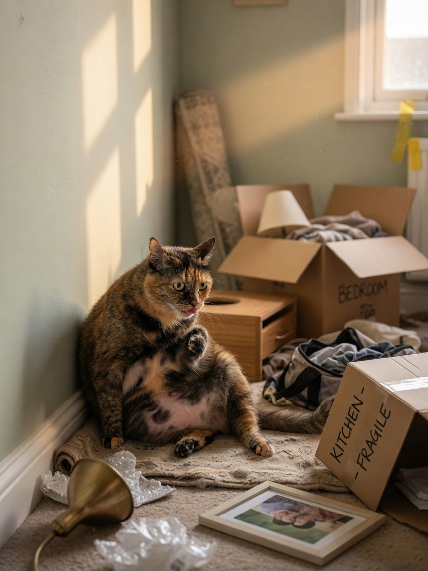 Anxious tortoiseshell cat with flattened ears grooming itself, surrounded by moving boxes indicating household changes and stress