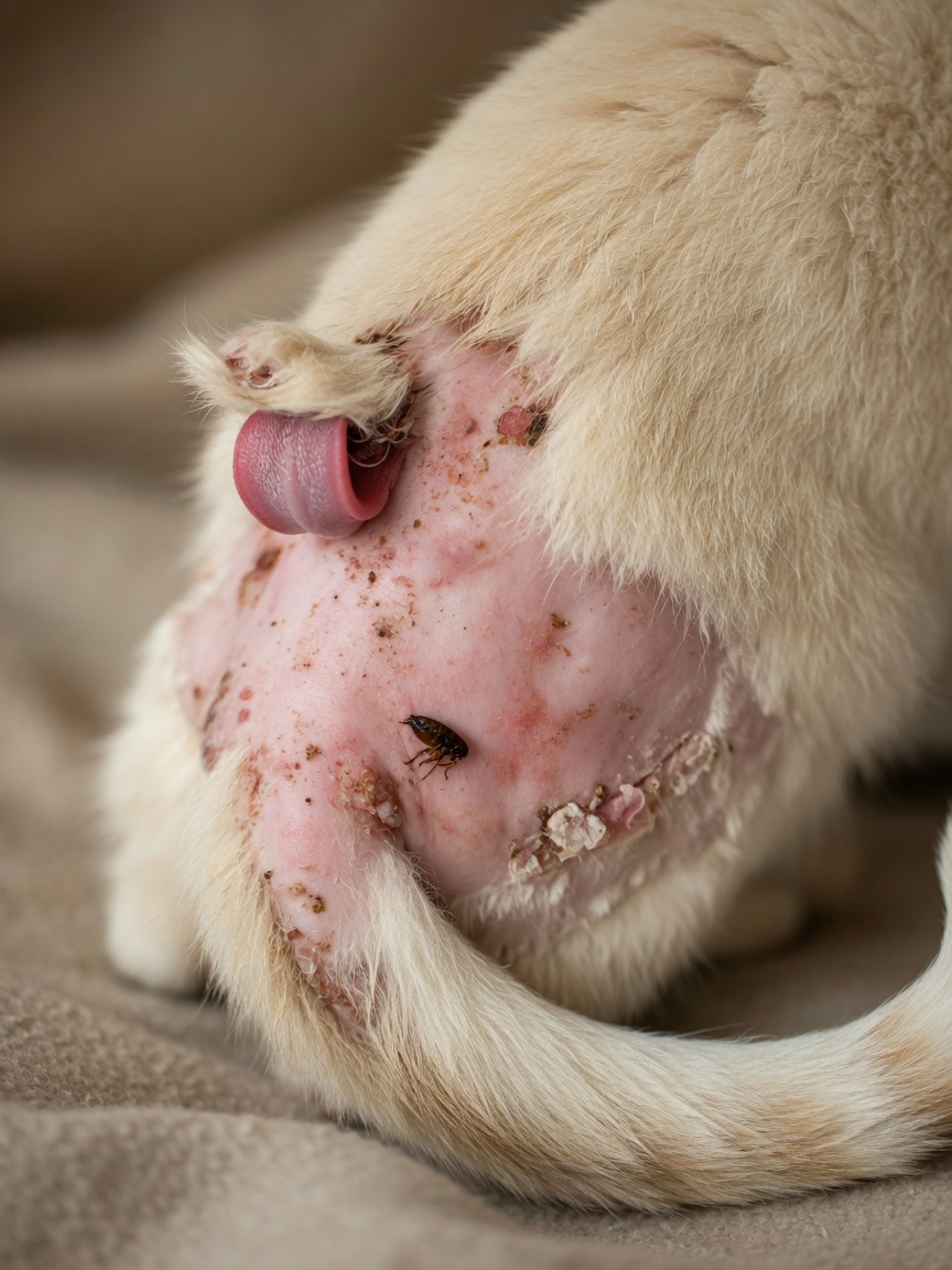 Close-up of inflamed skin and hair loss at the base of a cat's tail showing signs of flea allergy dermatitis with the cat licking the irritated area