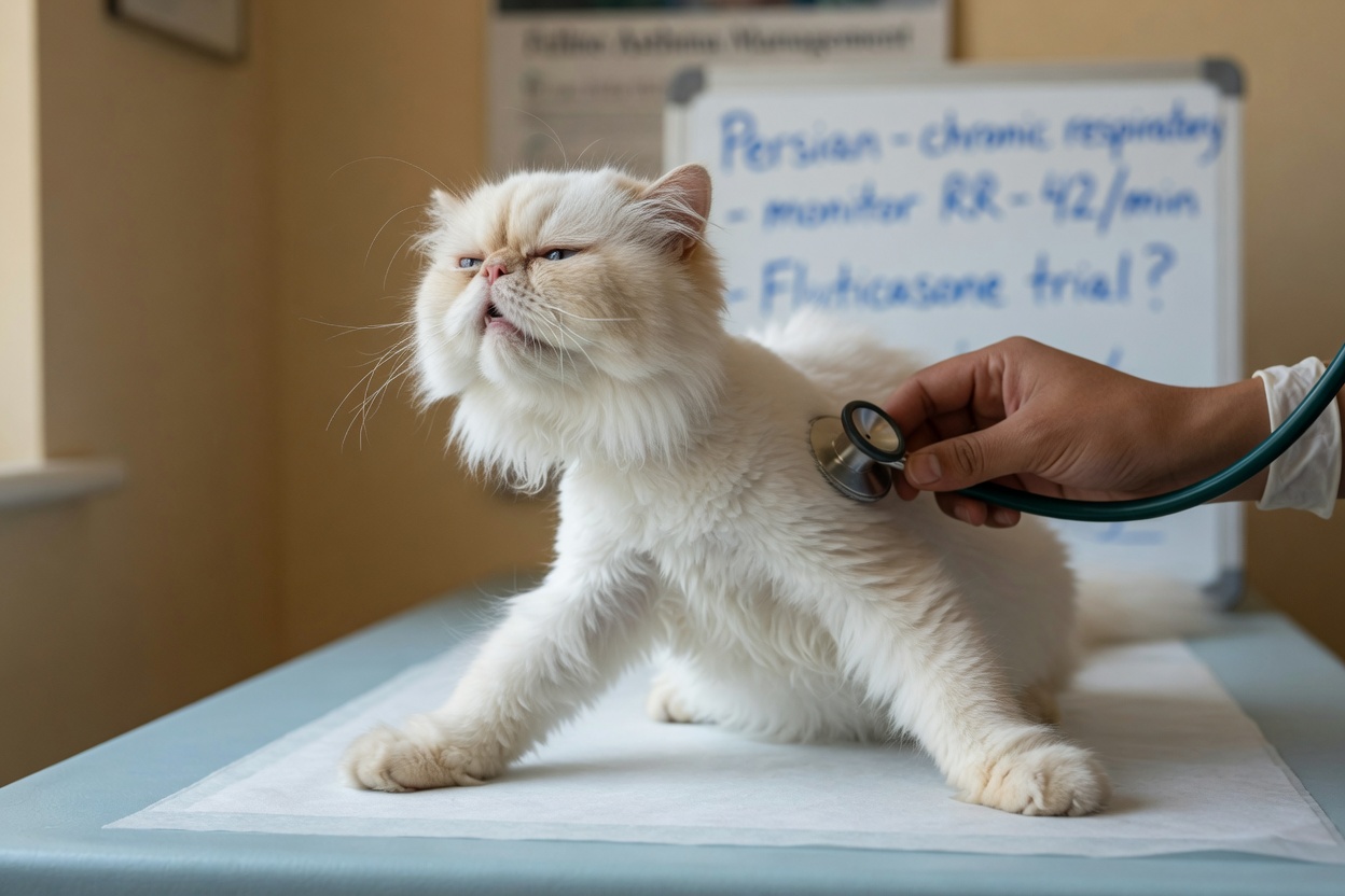 Long-haired Persian cat in distressed crouching position with extended neck during asthma episode, veterinarian examining with stethoscope