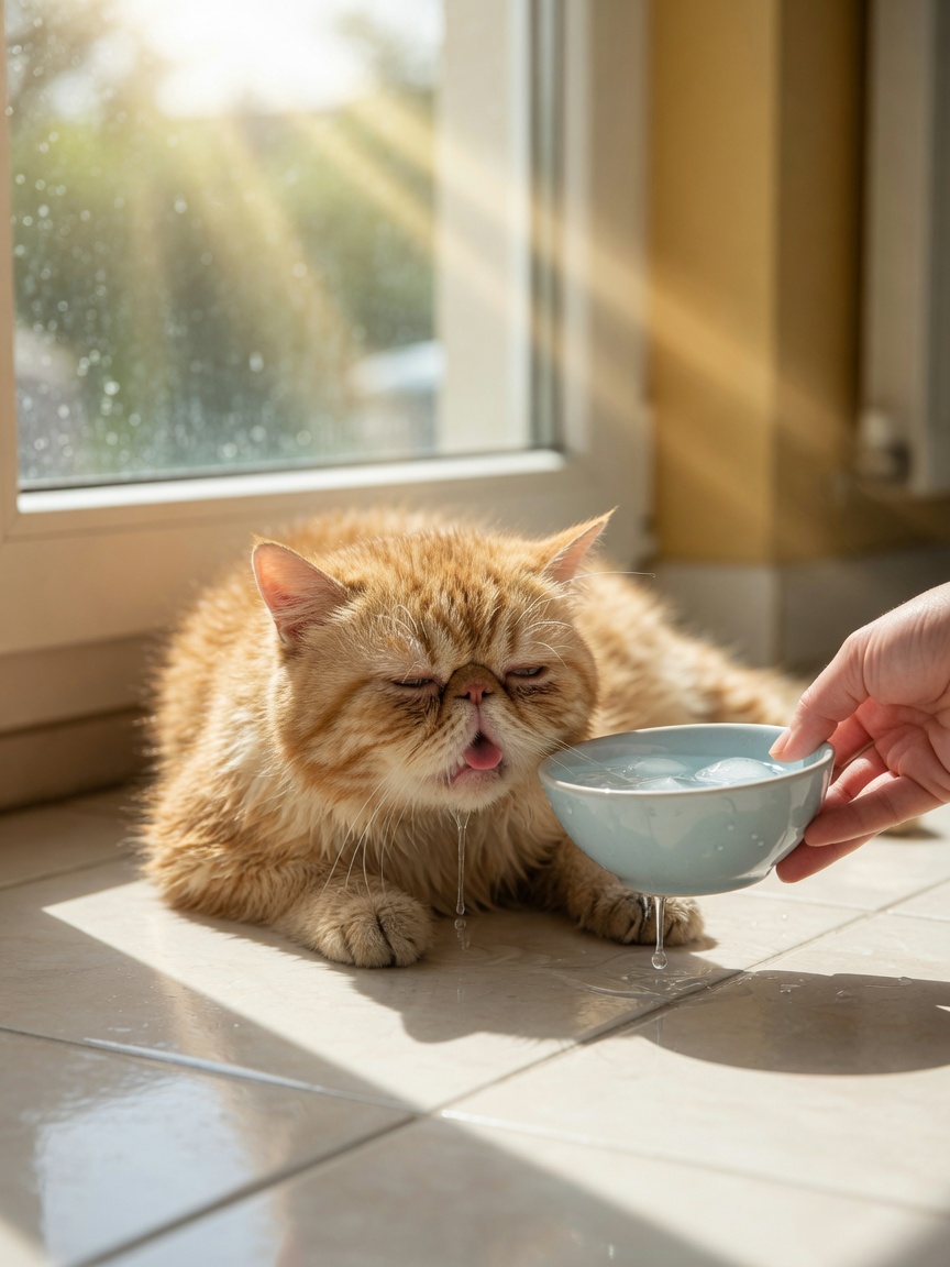 Flat-faced Exotic Shorthair cat lying lethargically on cool tile floor showing signs of heatstroke, owner offering water nearby