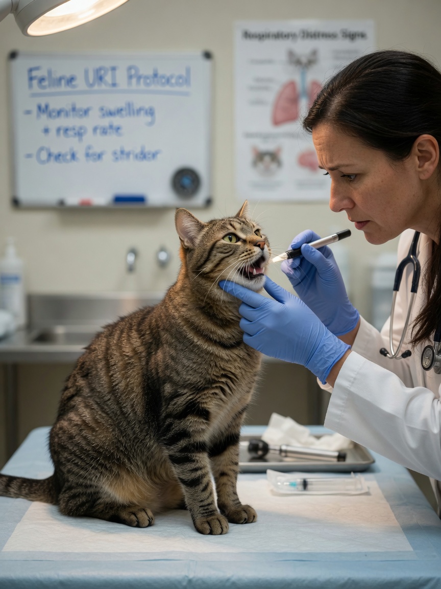 Veterinarian examining a cat's swollen face during a clinical examination, assessing for serious warning signs