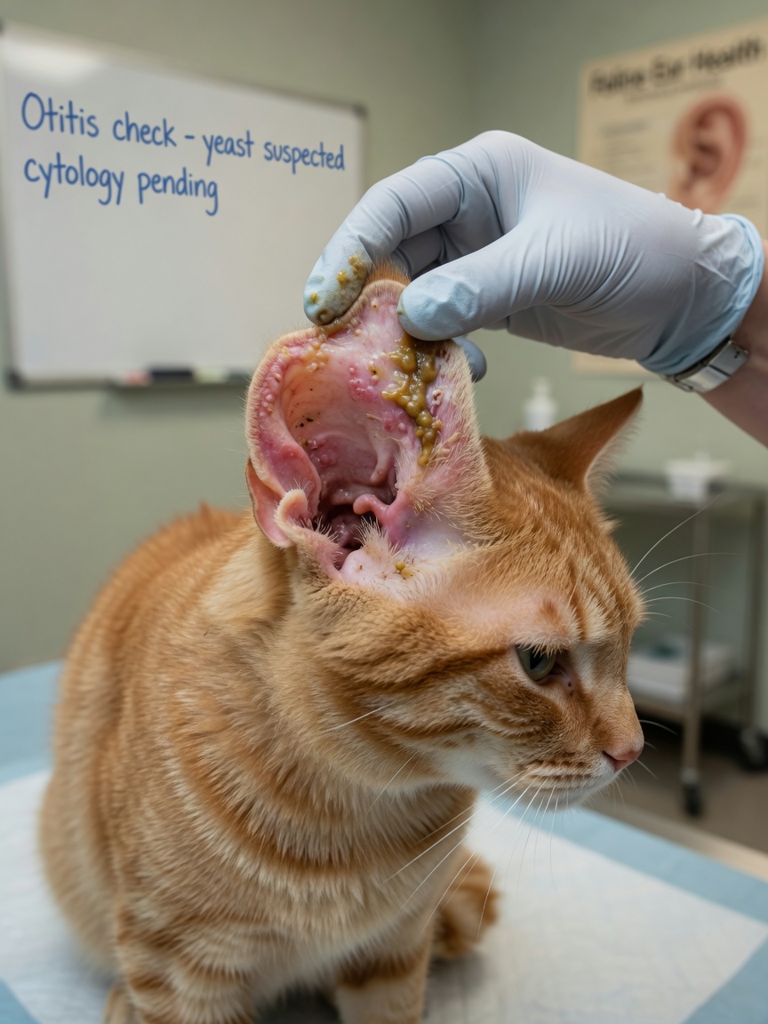 Esame veterinario dell'orecchio di un gatto che mostra arrossamento, infiammazione e scarico caratteristico dell'otite esterna