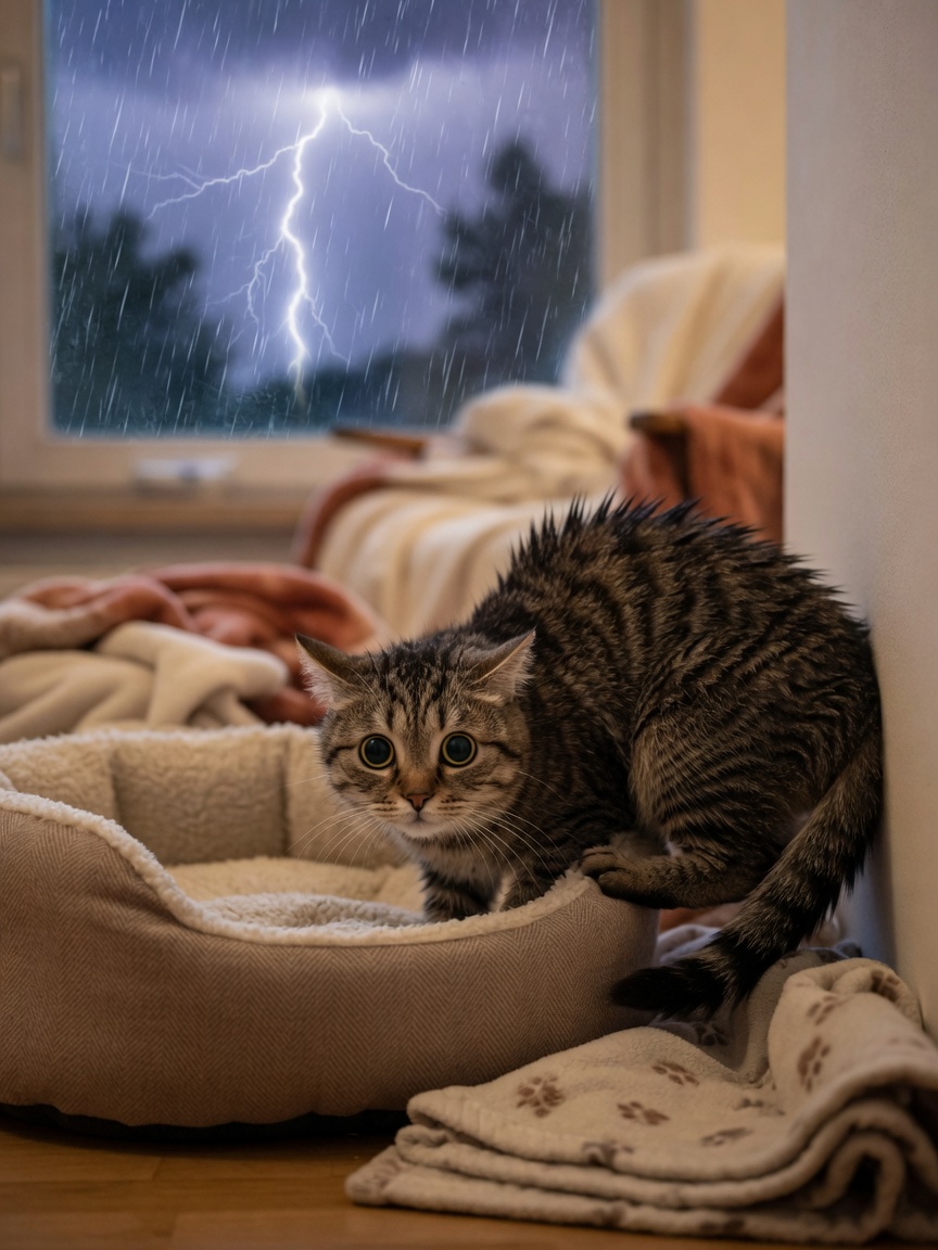 Un gatto tigrato spaventato con il pelo rizzato che trema in una cuccia durante il temporale