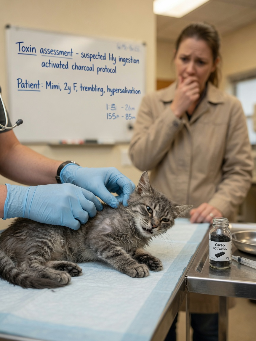 Un gatto tremante sottoposto a visita veterinaria per sospetta esposizione a tossine