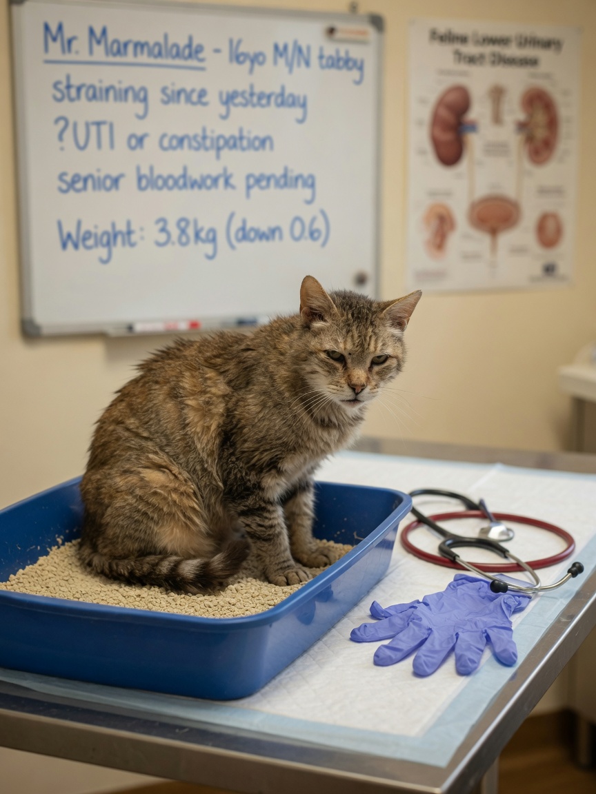 An elderly cat in a litter box at a vet clinic with examination tools nearby, illustrating medical causes for litter box sleeping