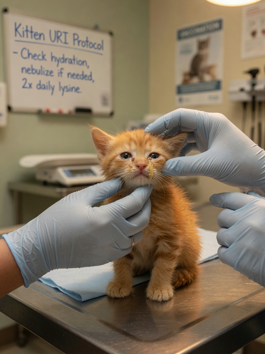 A ginger kitten being gently examined by a veterinarian on a clinic table, showing signs of upper respiratory infection with watery eyes and nasal discharge.