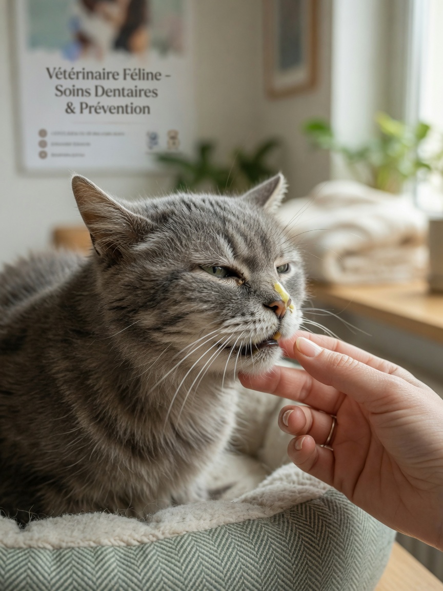 A senior grey cat showing one-sided nasal discharge with a veterinarian's hand gently examining the cat's jaw area during a dental evaluation.