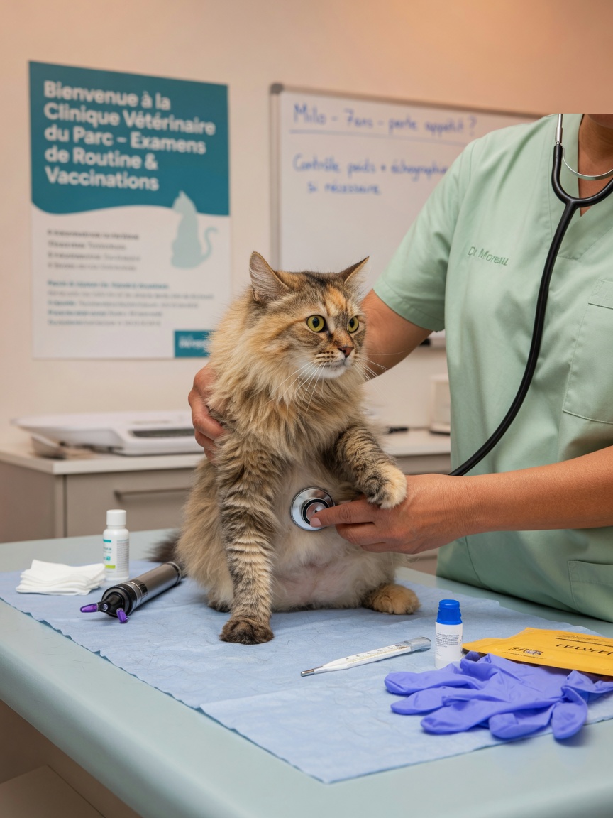 Veterinarian examining a cat's abdomen with a stethoscope on a clinic examination table