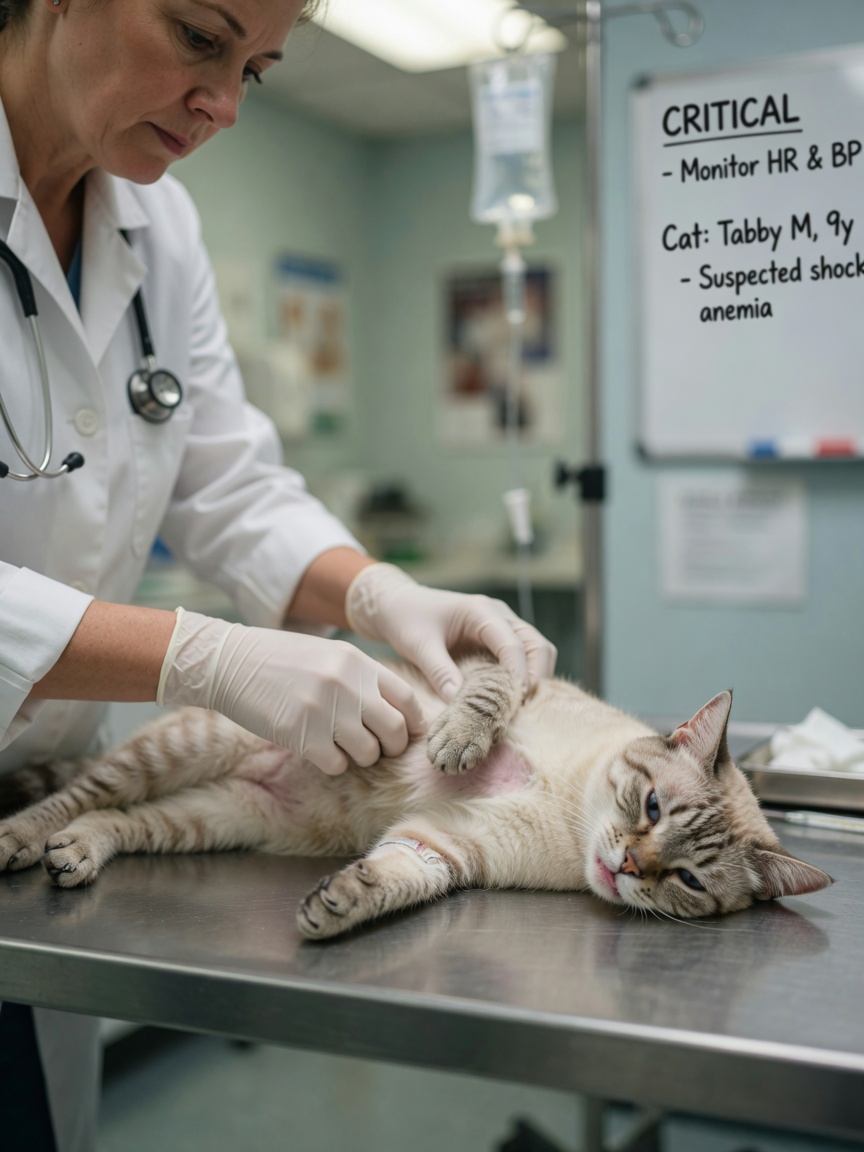 Veterinarian performing urgent emergency examination on a weak, pale tabby cat
