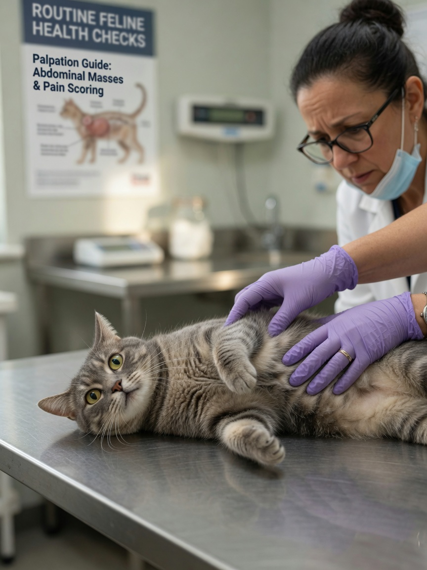 Veterinarian examining grey tabby cat's abdomen during clinical examination on stainless steel table