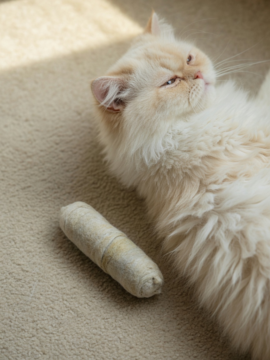 Gatto persiano a pelo lungo con un bolo di pelo a forma di sigaro sul tappeto accanto, mostrando l'aspetto tipico del vomito da bolo di pelo