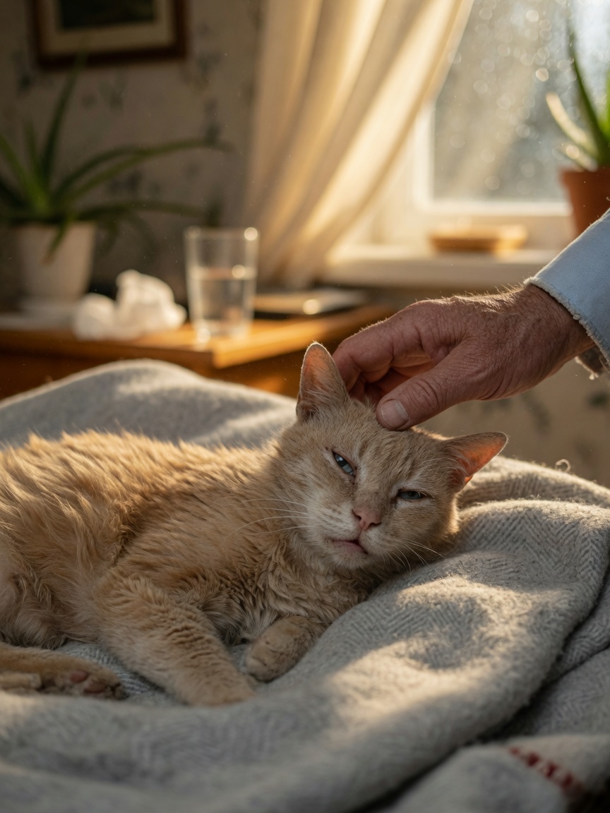 Gatto soriano arancione anziano che riposa tranquillamente su una coperta con la mano del proprietario delicatamente sulla sua testa, mostrando comfort durante la malattia cronica