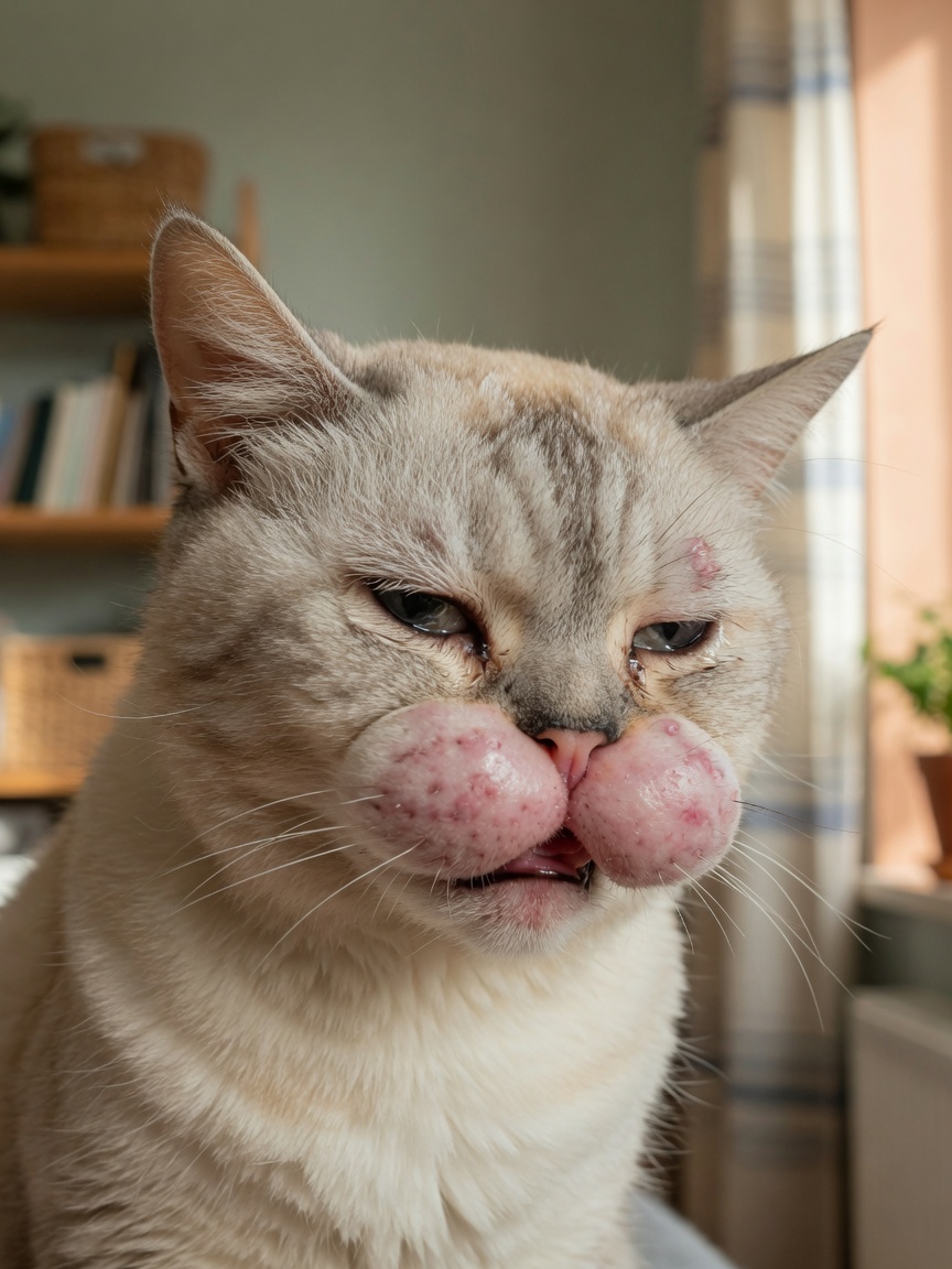 Cat's face with sudden swelling of the muzzle, lips, and around the eyes indicating an allergic reaction.
