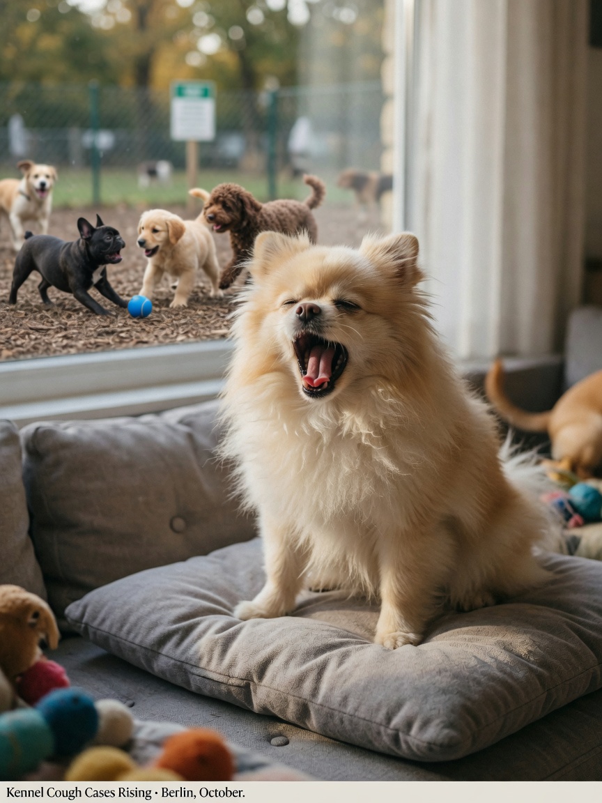 Piccolo cane Pomerania nel mezzo della tosse su un cuscino che mostra l'espressione caratteristica della tosse stridula
