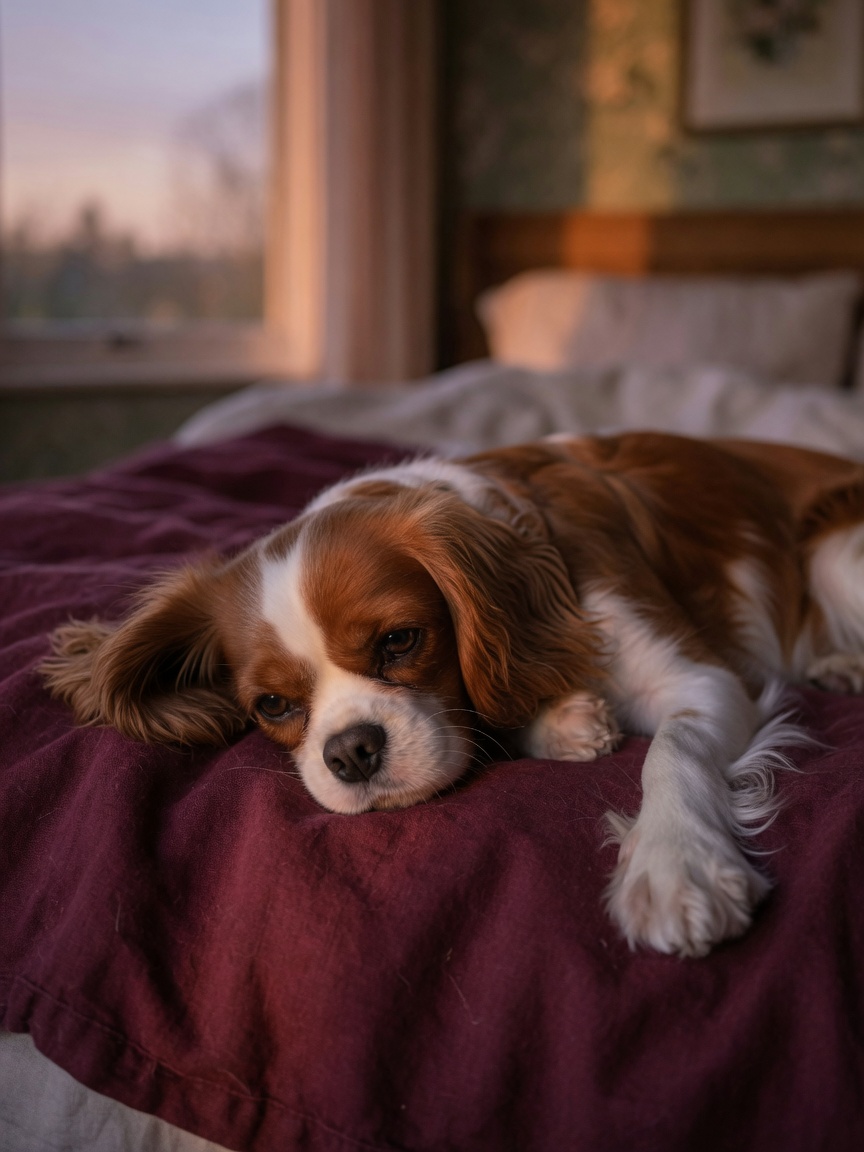 Cavalier King Charles Spaniel stanco che riposa su una coperta, mostra segni di affaticamento da malattia cardiaca