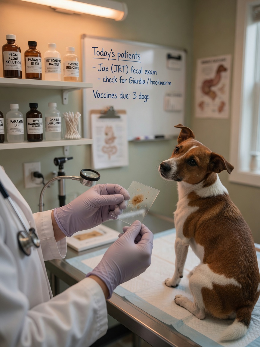 Veterinarian examining a parasite sample under microscope with a Jack Russell Terrier sitting on examination table