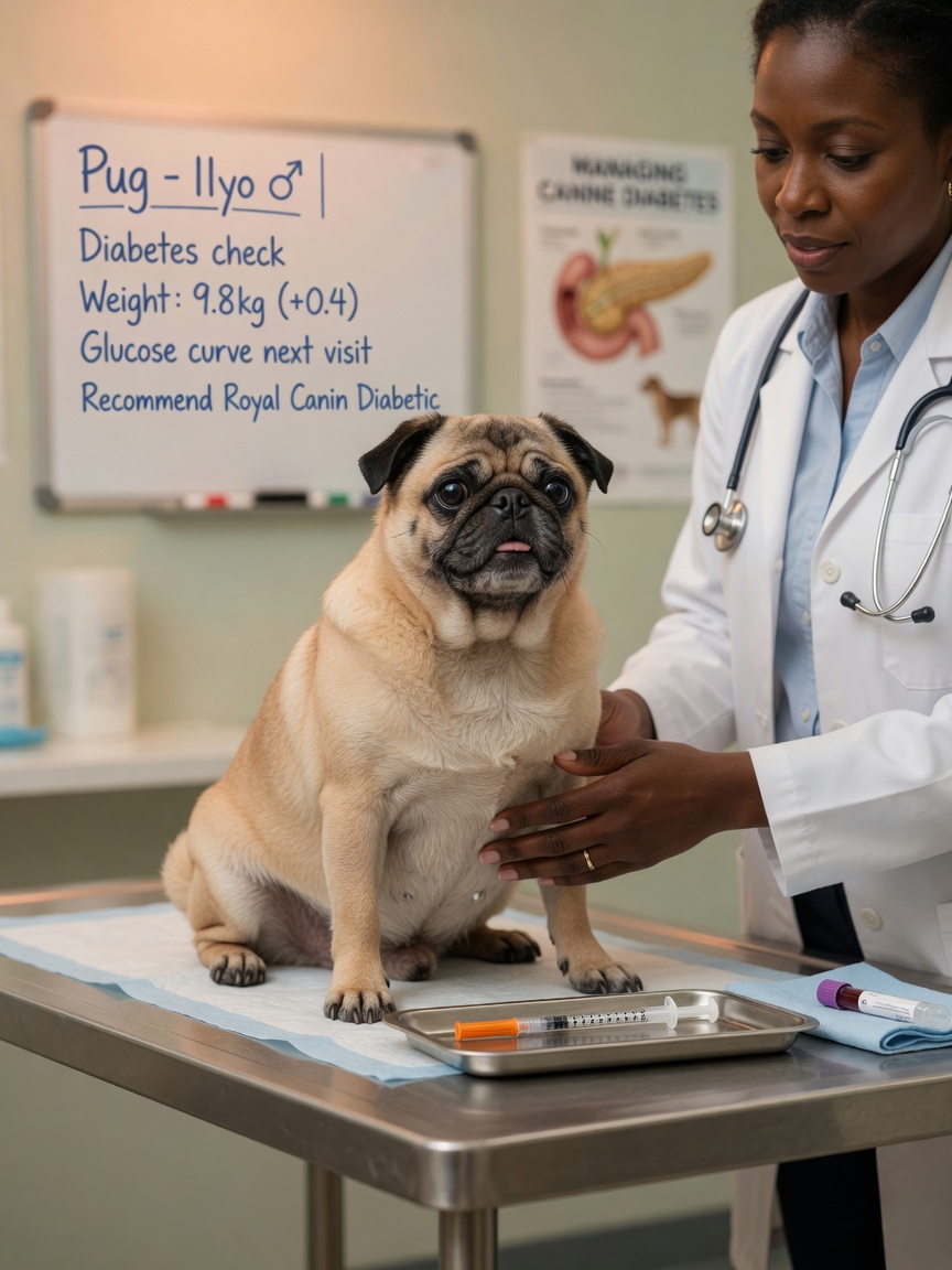 Veterinarian examining a Pug on an examination table with insulin syringe nearby