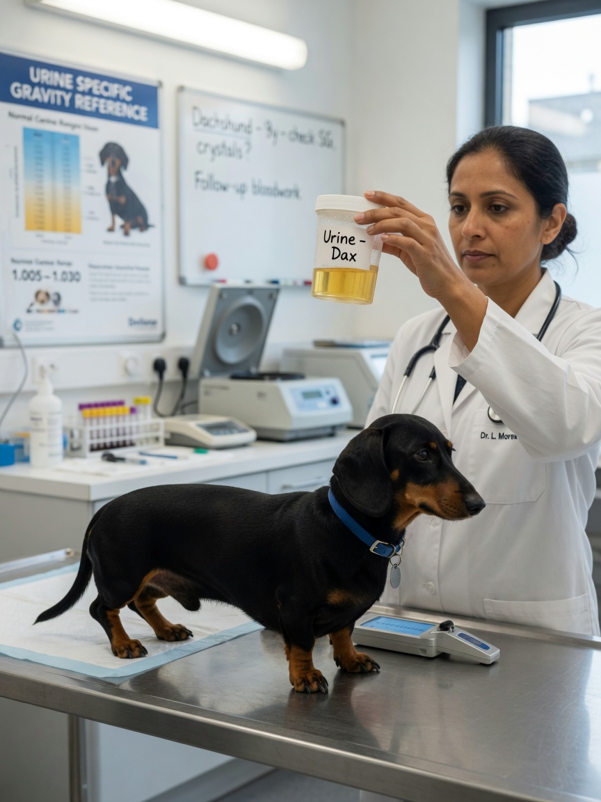 Veterinarian examining urine sample in laboratory with Dachshund present for diagnostic testing