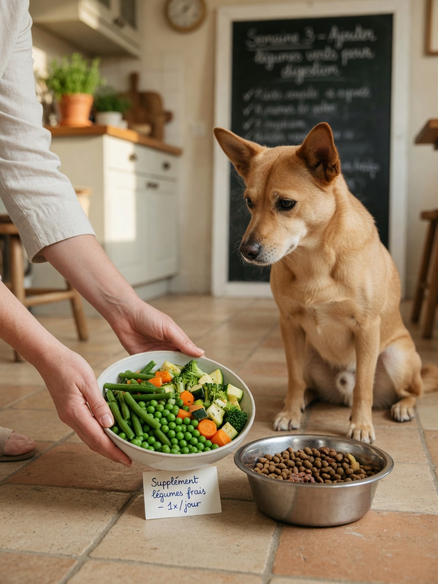 Nutrizionista veterinario che aggiunge verdure ricche di fibre alla dieta di un cane per supportare la salute digestiva