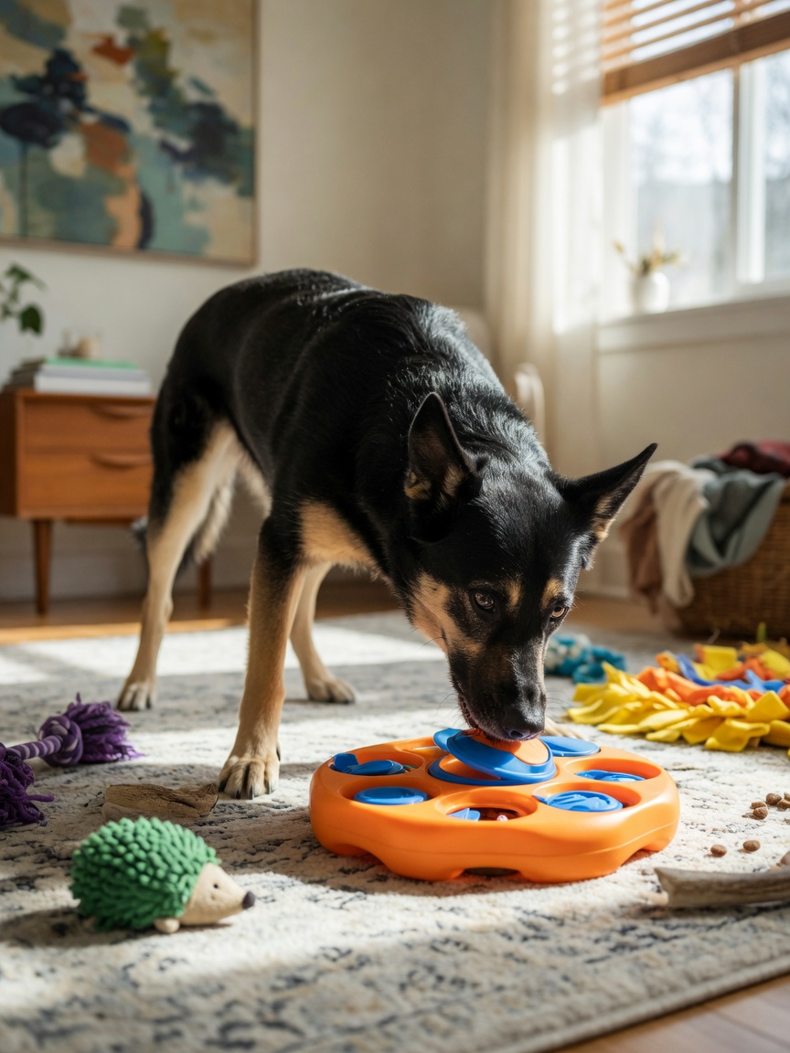 Un cane impegnato con giocattoli puzzle e attività di arricchimento per ridurre la noia e i comportamenti guidati dall'ansia