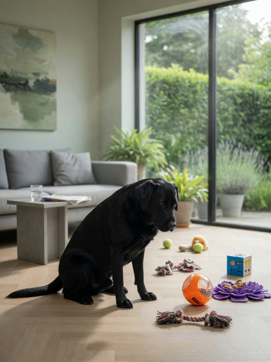 Bored dog in living room showing signs of under-stimulation, illustration of leaf-eating triggered by boredom