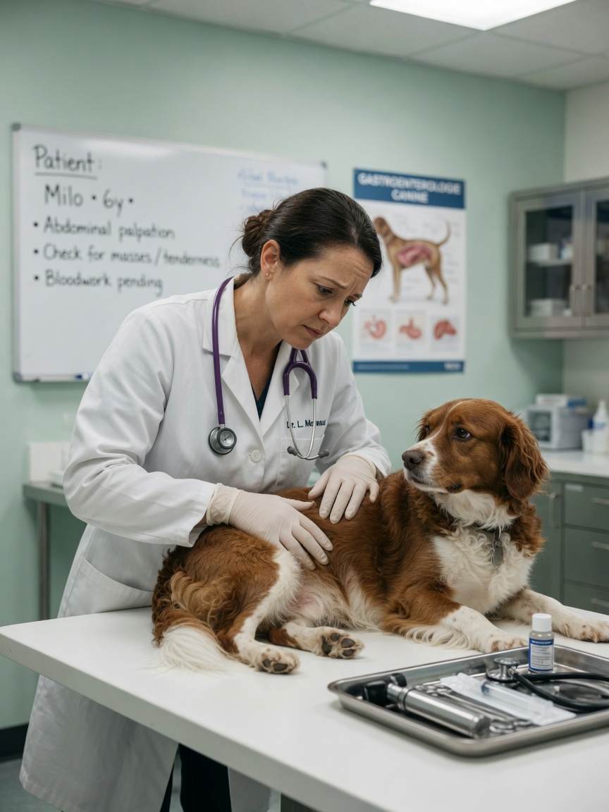 Veterinarian examining a dog's abdomen during a check-up, assessing potential health concerns related to leaf eating