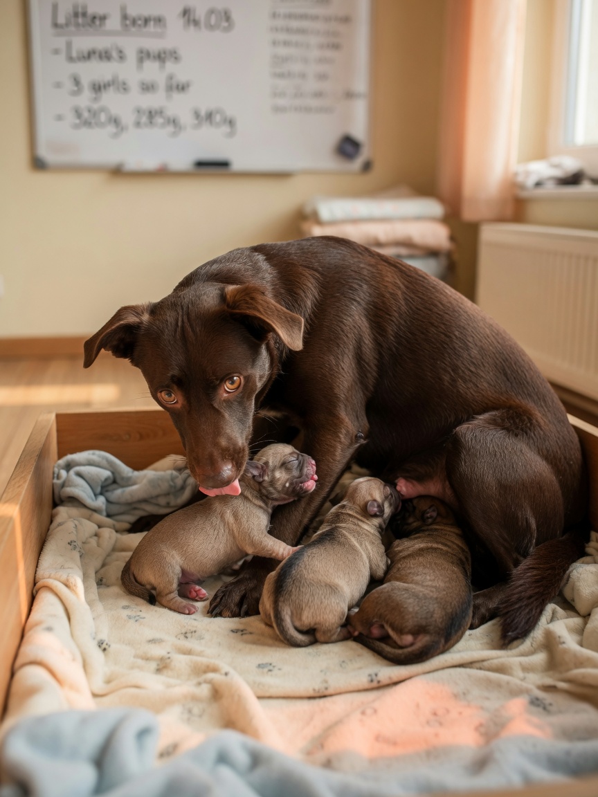 Mother dog with glossy brown coat nursing newborn puppies in a whelping box with blankets