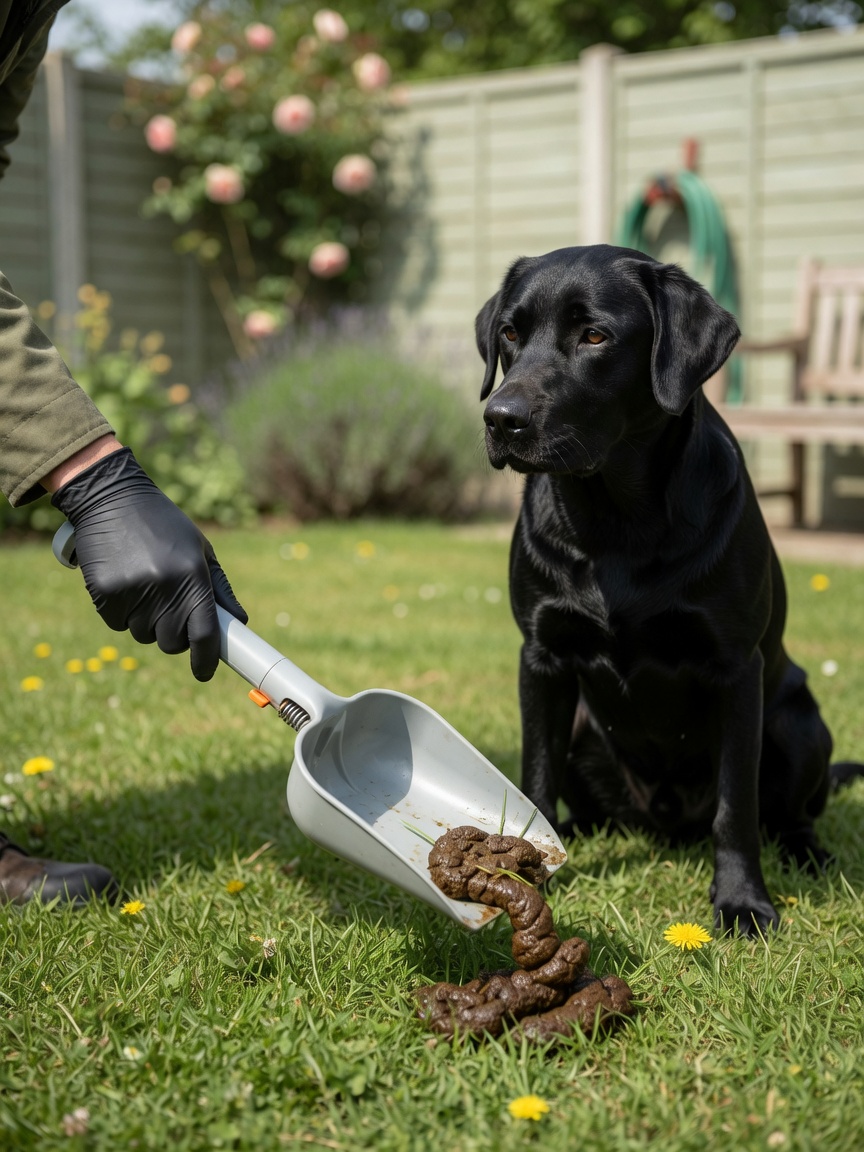 Dog owner wearing gloves using a waste collection tool to pick up feces from garden with black Labrador nearby