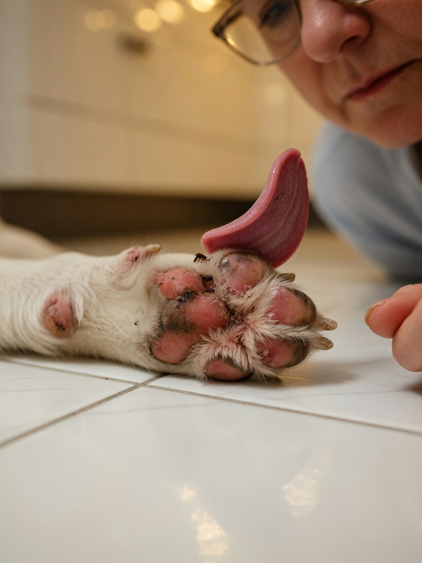 Close-up of a dog's irritated paw pad showing redness and signs of flea infestation