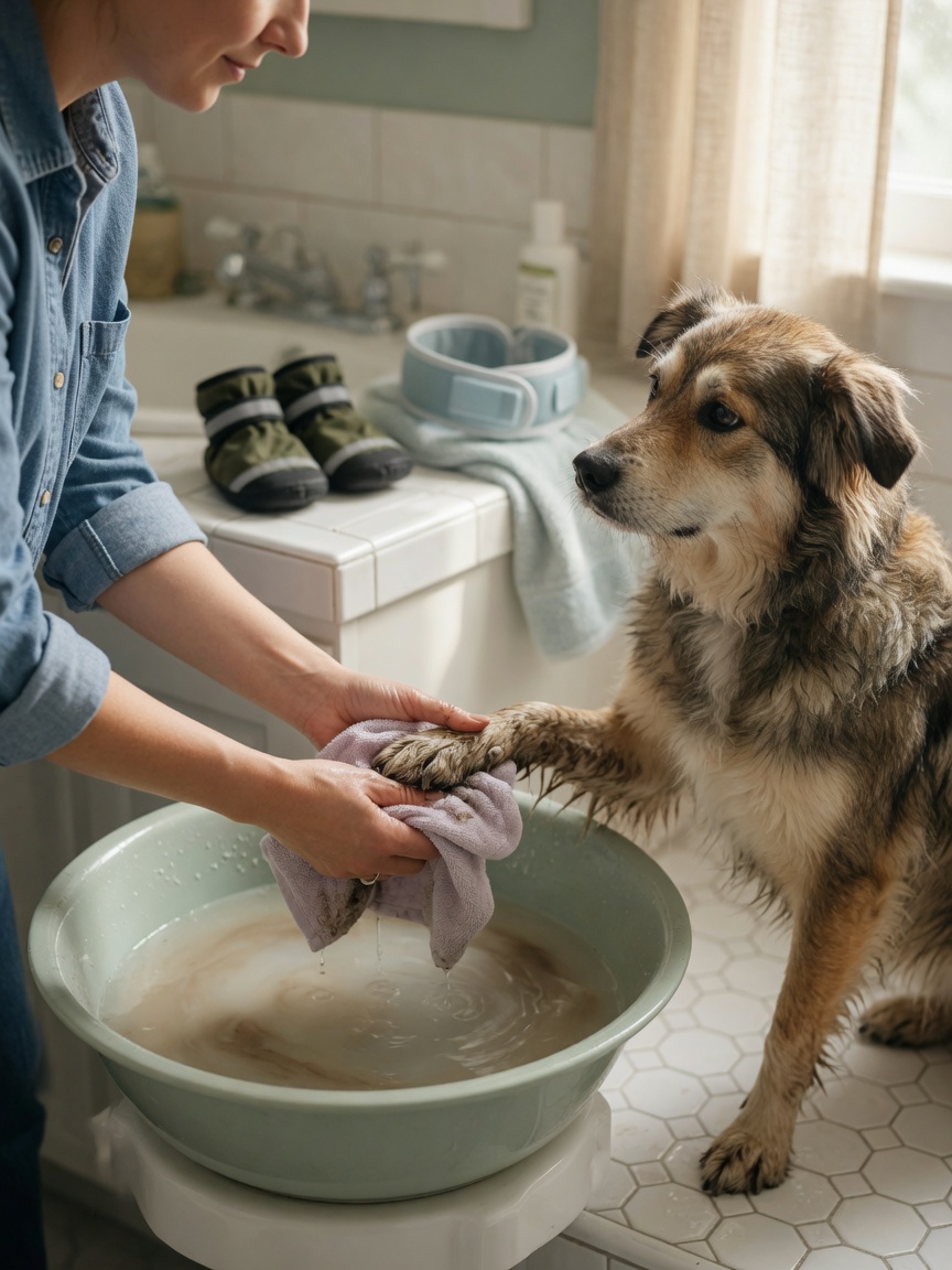Dog owner gently washing their dog's paws in a basin of water after a walk