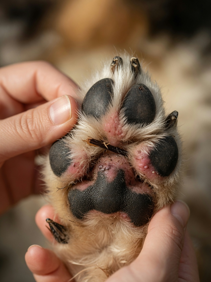 Close-up of a dog's paw being examined with a thorn lodged between the pads showing redness and swelling
