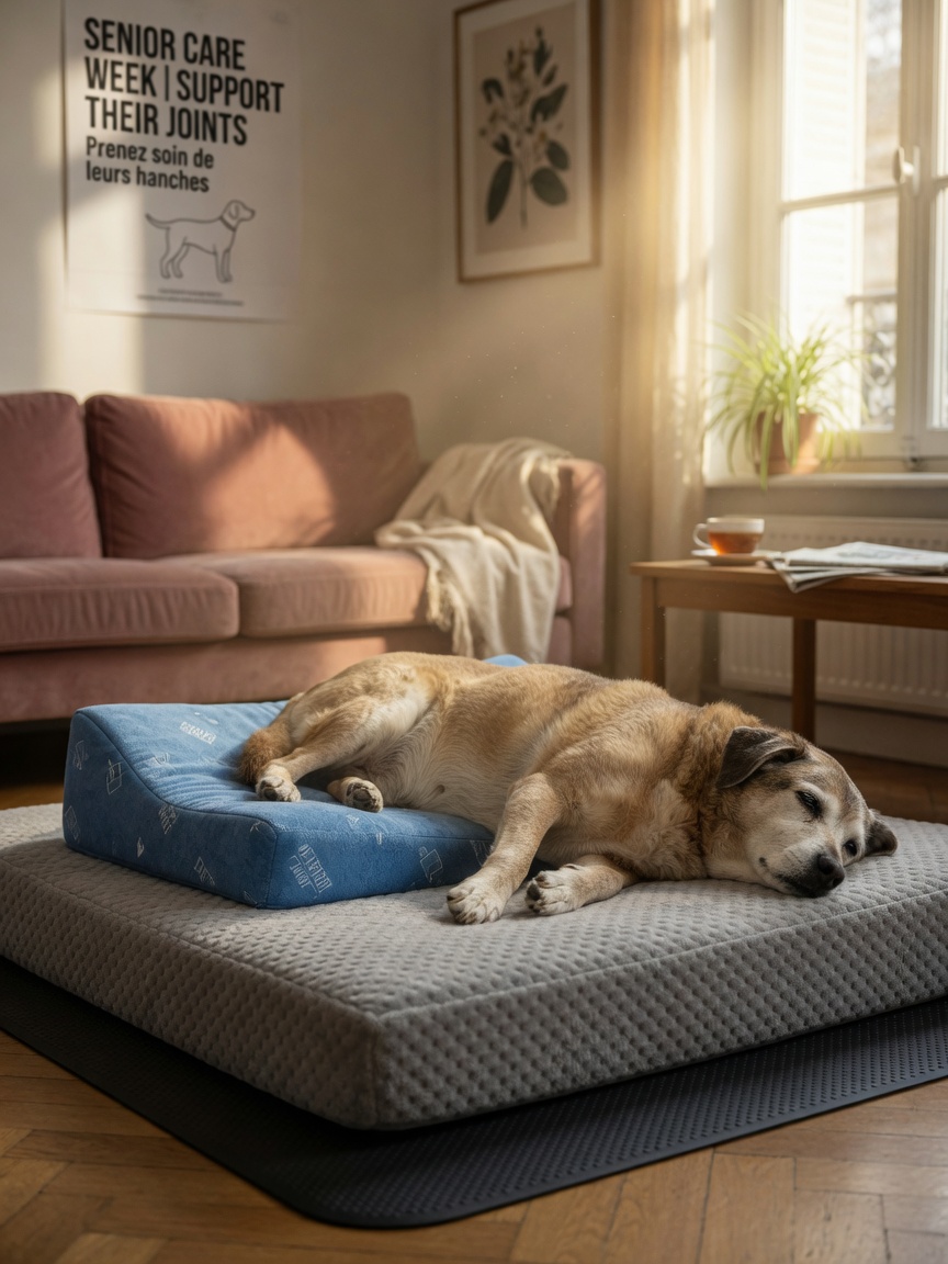 Elderly dog resting on an orthopedic bed in morning sunlight, showing signs of arthritis management at home