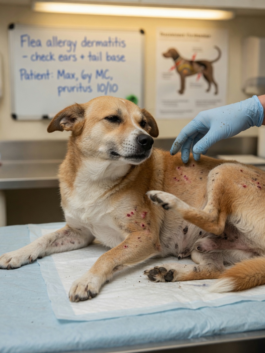 Veterinarian examining a dog's skin on an examination table for parasites and flea damage