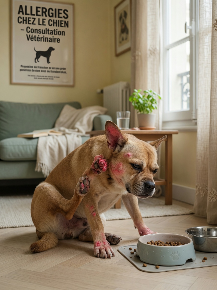 Dog scratching its ear and paw at home, showing signs of allergic reaction with skin inflammation