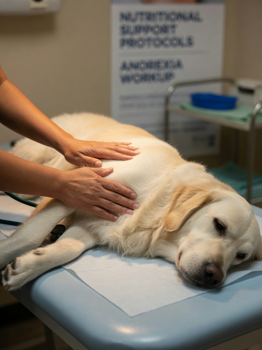 Veterinario che esamina l'addome di un cane durante un controllo sanitario