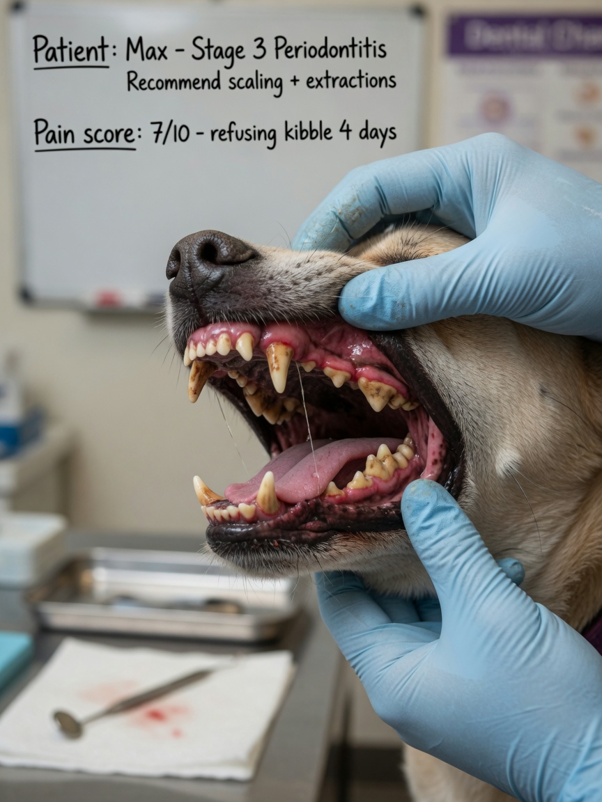 Primo piano della bocca di un cane mostrando malattia dentale con tartaro e gengive infiammate
