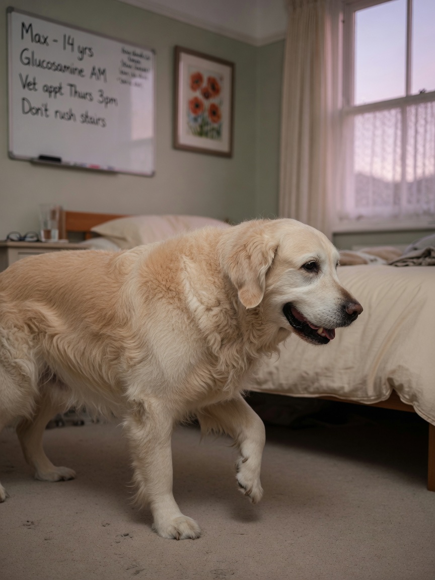 An elderly golden retriever with visible stiffness and pain, panting while standing in a bedroom during evening light