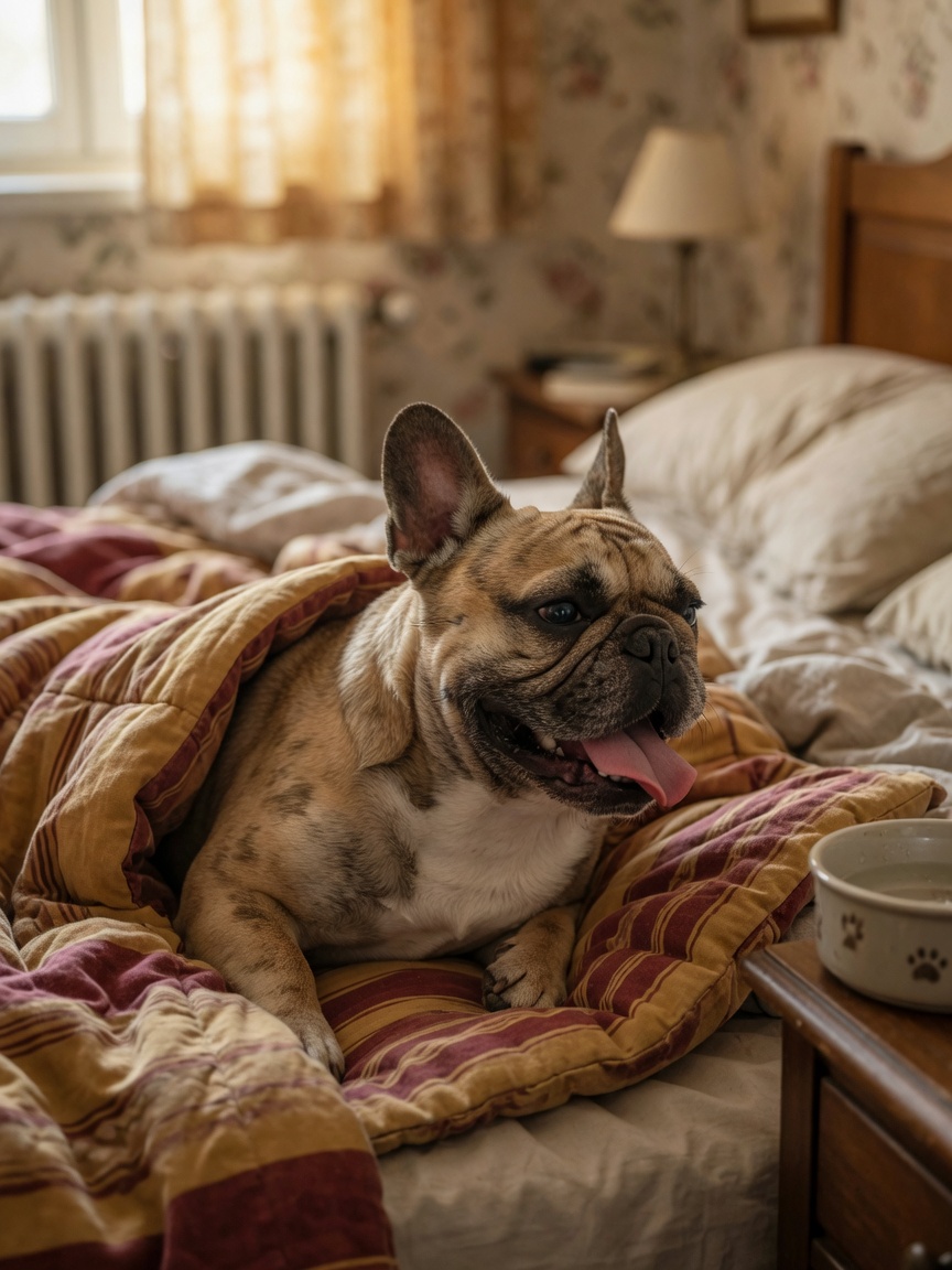 A French Bulldog panting heavily in an overheated bedroom with a radiator visible in the background
