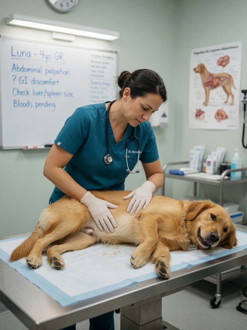 Veterinarian performing physical examination on uncomfortable golden retriever dog